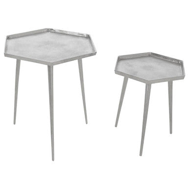 Silver Set Of 2 Hexagonal Side Tables With Textured Tops & Splayed Legs, Halle