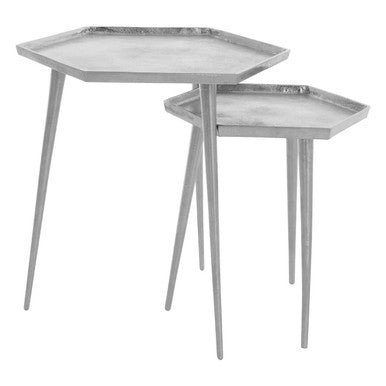 Silver Set Of 2 Hexagonal Side Tables With Textured Tops & Splayed Legs, Halle