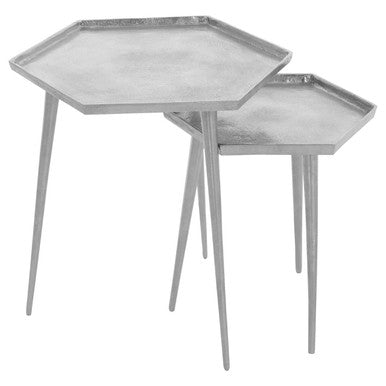 Silver Set Of 2 Hexagonal Side Tables With Textured Tops & Splayed Legs, Halle