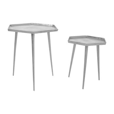 Silver Set Of 2 Hexagonal Side Tables With Textured Tops & Splayed Legs, Halle