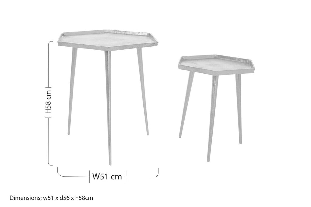 Silver Set Of 2 Hexagonal Side Tables With Textured Tops & Splayed Legs, Halle