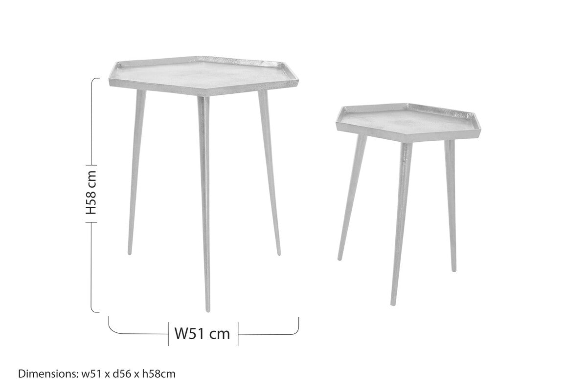Silver Set Of 2 Hexagonal Side Tables With Textured Tops & Splayed Legs, Halle