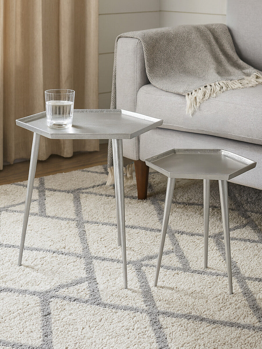 Silver Set Of 2 Hexagonal Side Tables With Textured Tops & Splayed Legs, Halle