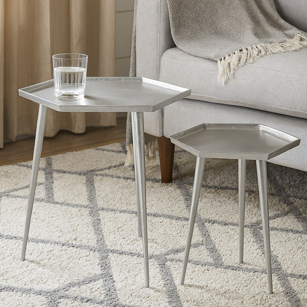 Silver Set Of 2 Hexagonal Side Tables With Textured Tops & Splayed Legs, Halle