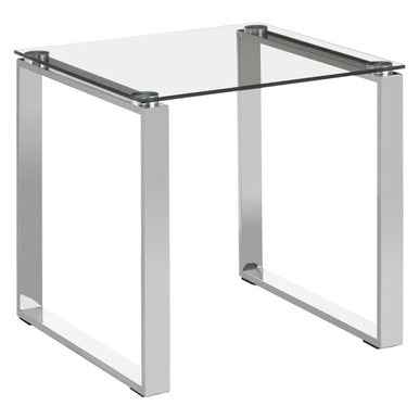 Square Glass Top End Table With Silver Stainless Steel Legs, Allure