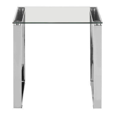 Square Glass Top End Table With Silver Stainless Steel Legs, Allure