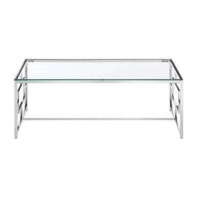 Silver Reflective Frame Coffee Table With Clear Tempered Glass Top, Allure