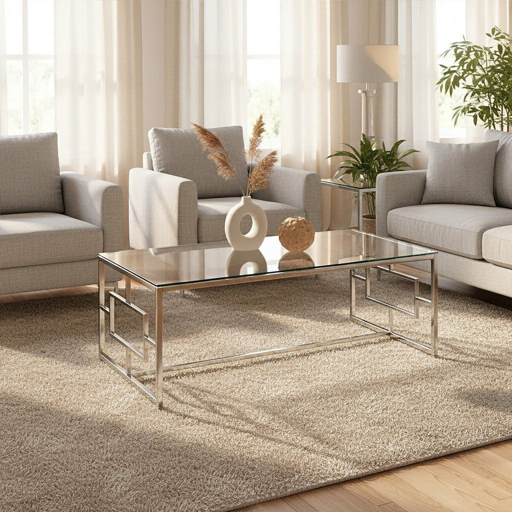 Silver Reflective Frame Coffee Table With Clear Tempered Glass Top, Allure