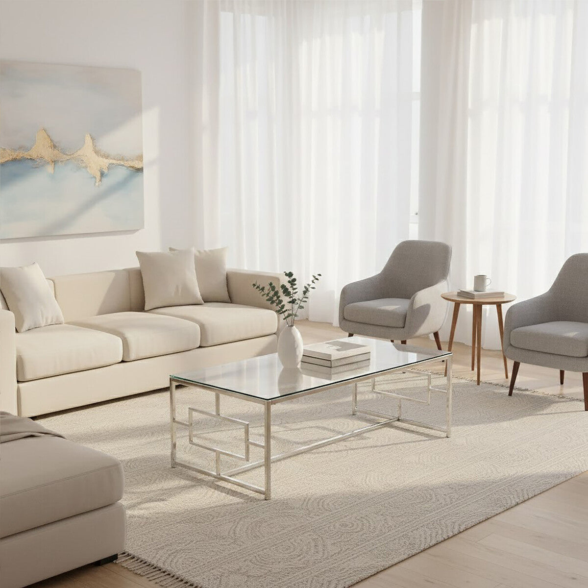 Silver Reflective Frame Coffee Table With Clear Tempered Glass Top, Allure