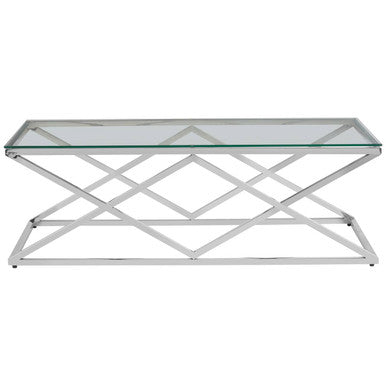 Silver Reflective Stainless Steel Coffee Table With Clear Tempered Glass Top, Allure