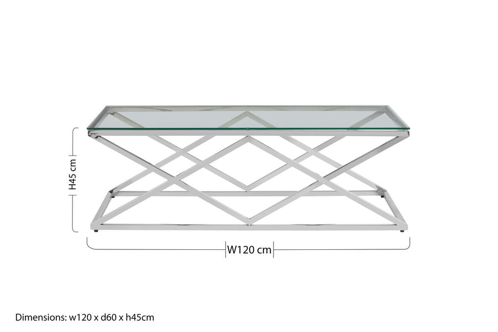 Silver Reflective Stainless Steel Coffee Table With Clear Tempered Glass Top, Allure
