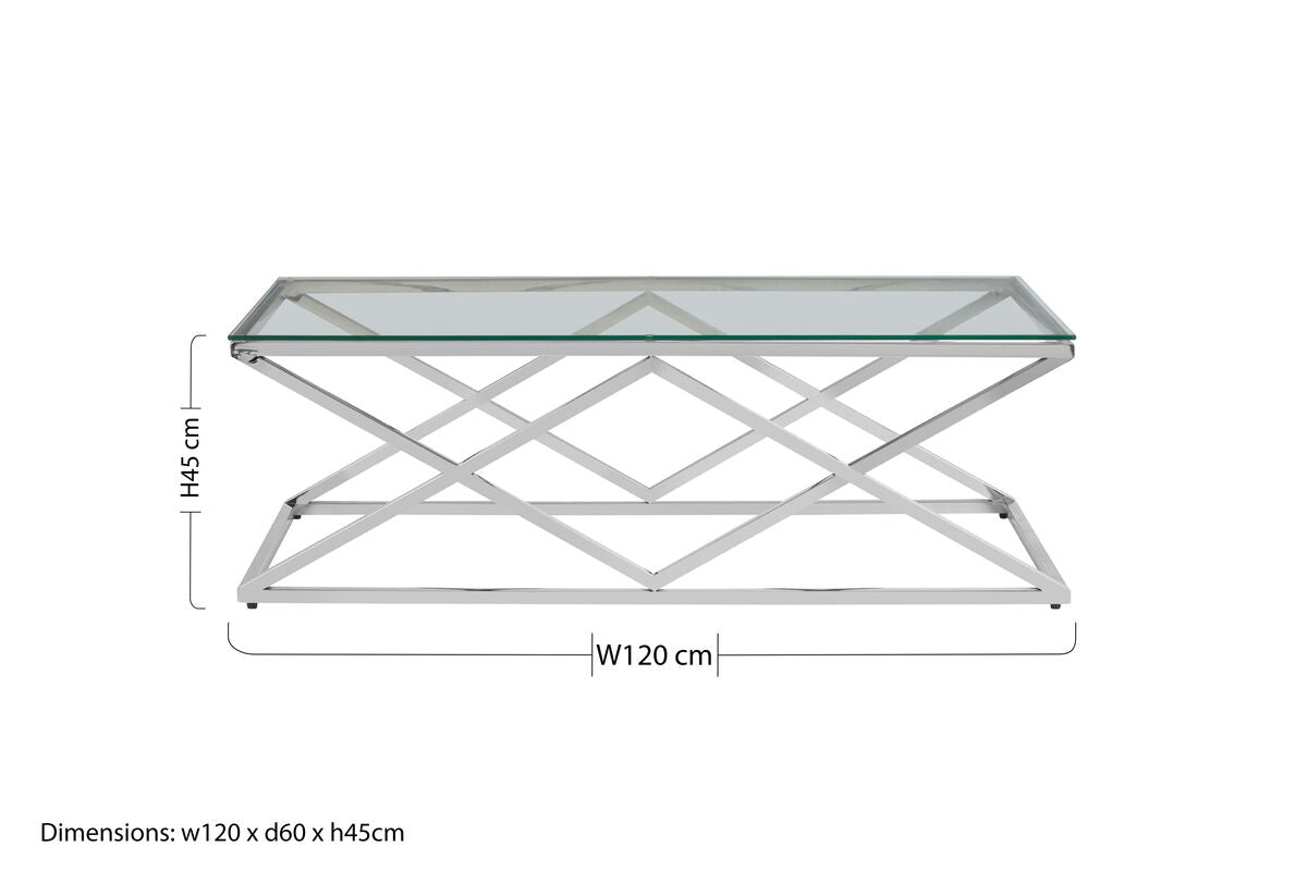 Silver Reflective Stainless Steel Coffee Table With Clear Tempered Glass Top, Allure