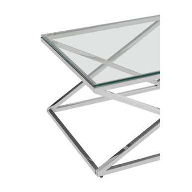 Silver Reflective Stainless Steel Coffee Table With Clear Tempered Glass Top, Allure