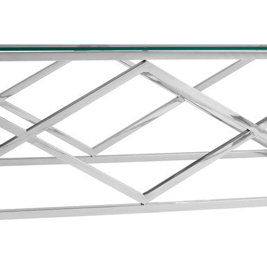 Silver Reflective Stainless Steel Coffee Table With Clear Tempered Glass Top, Allure