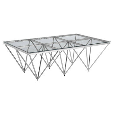 Silver Prismatic Base Coffee Table With Clear Glass Top & 6 Pincer Style Legs, Allure