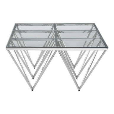 Silver Prismatic Base Coffee Table With Clear Glass Top & 6 Pincer Style Legs, Allure