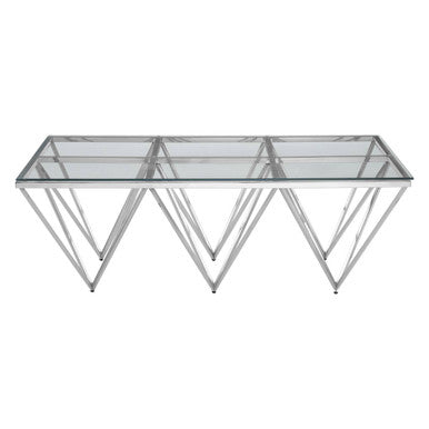 Silver Prismatic Base Coffee Table With Clear Glass Top & 6 Pincer Style Legs, Allure