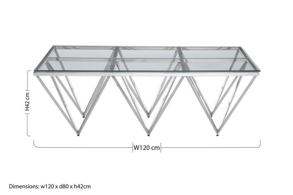 Silver Prismatic Base Coffee Table With Clear Glass Top & 6 Pincer Style Legs, Allure