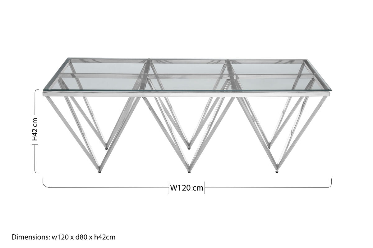 Silver Prismatic Base Coffee Table With Clear Glass Top & 6 Pincer Style Legs, Allure