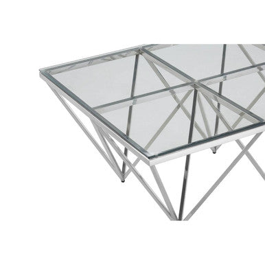Silver Prismatic Base Coffee Table With Clear Glass Top & 6 Pincer Style Legs, Allure