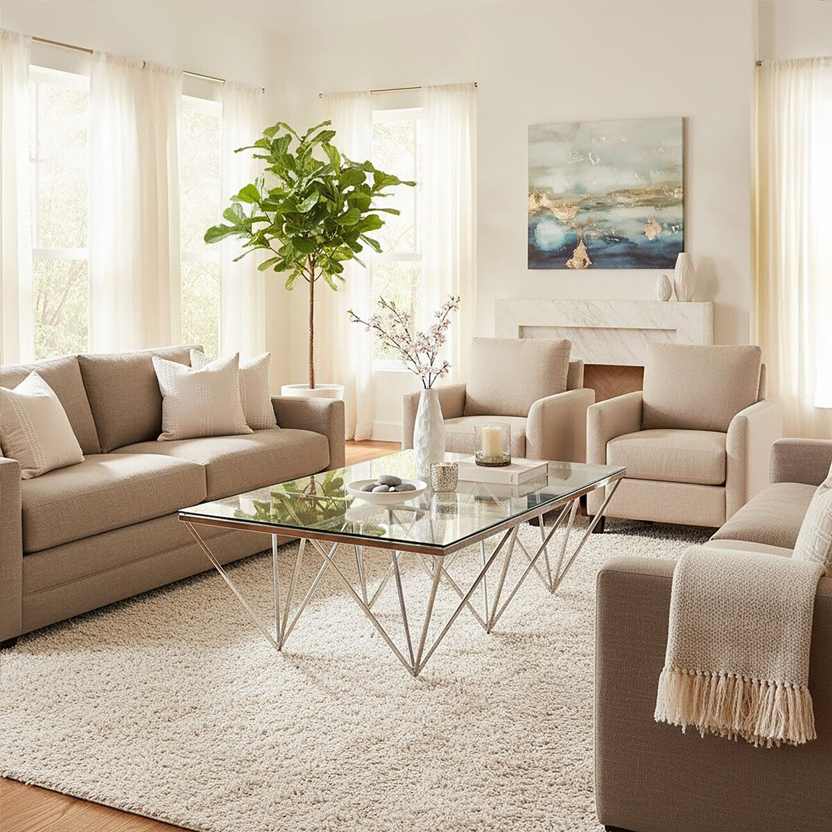 Silver Prismatic Base Coffee Table With Clear Glass Top & 6 Pincer Style Legs, Allure