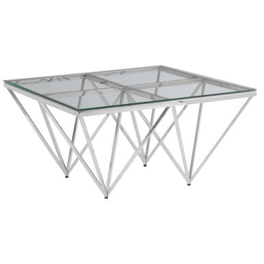 Silver Tempered Glass Coffee Table With Reflective Steel 4 Leg Base, Allure