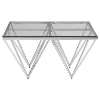 Silver Tempered Glass Coffee Table With Reflective Steel 4 Leg Base, Allure