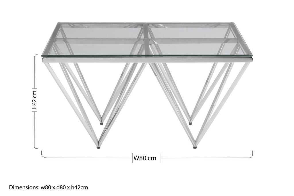 Silver Tempered Glass Coffee Table With Reflective Steel 4 Leg Base, Allure