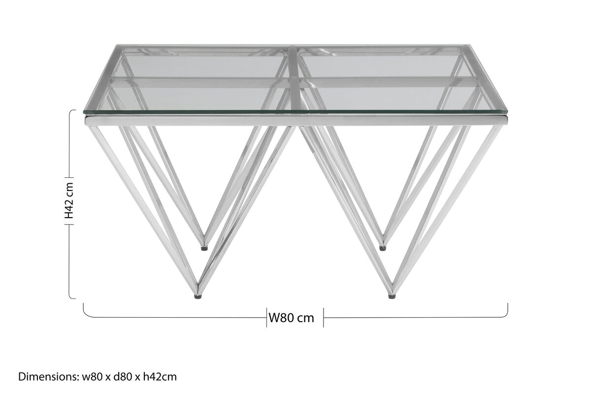 Silver Tempered Glass Coffee Table With Reflective Steel 4 Leg Base, Allure