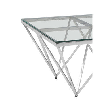 Silver Tempered Glass Coffee Table With Reflective Steel 4 Leg Base, Allure