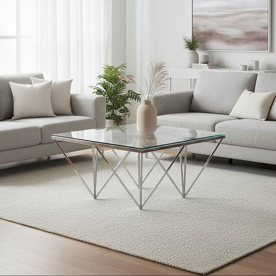 Silver Tempered Glass Coffee Table With Reflective Steel 4 Leg Base, Allure