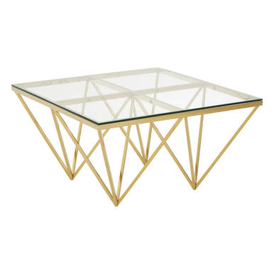 Gold Prismatic Square Coffee Table With Clear Glass Top & Pincer Style Legs, Allure