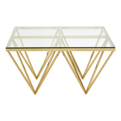 Gold Prismatic Square Coffee Table With Clear Glass Top & Pincer Style Legs, Allure