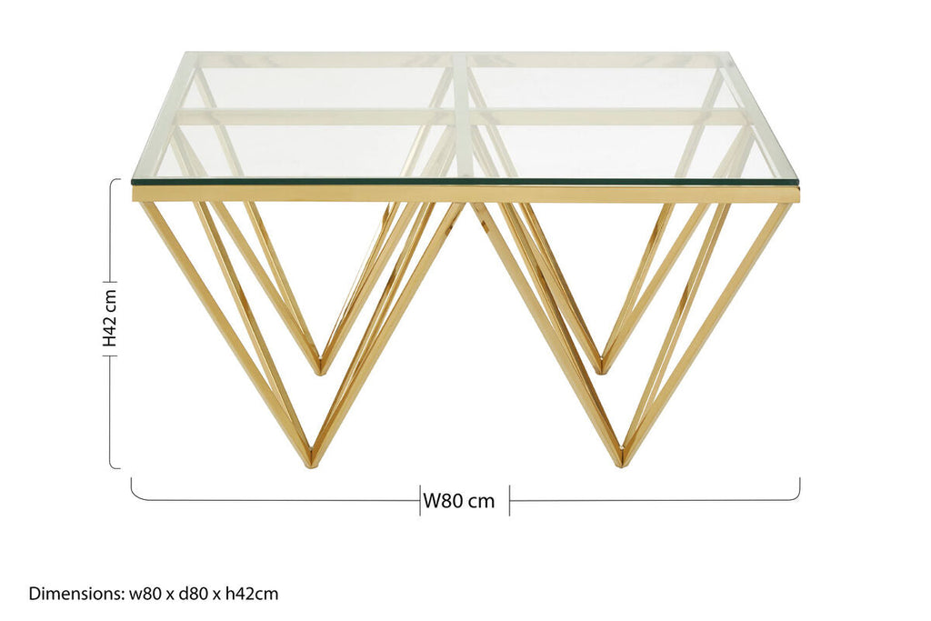 Gold Prismatic Square Coffee Table With Clear Glass Top & Pincer Style Legs, Allure