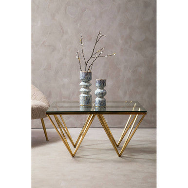 Gold Prismatic Square Coffee Table With Clear Glass Top & Pincer Style Legs, Allure