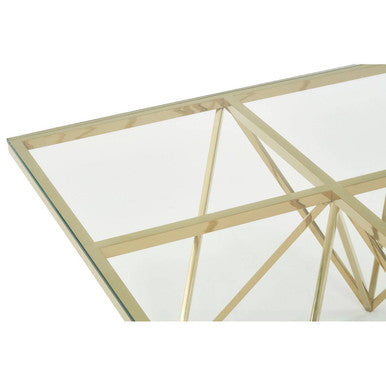 Gold Prismatic Square Coffee Table With Clear Glass Top & Pincer Style Legs, Allure