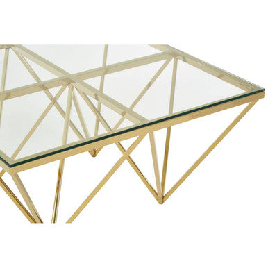 Gold Prismatic Square Coffee Table With Clear Glass Top & Pincer Style Legs, Allure