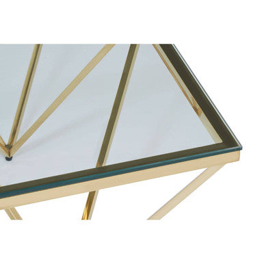 Gold Prismatic Square Coffee Table With Clear Glass Top & Pincer Style Legs, Allure