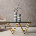 Gold Prismatic Square Coffee Table With Clear Glass Top & Pincer Style Legs, Allure