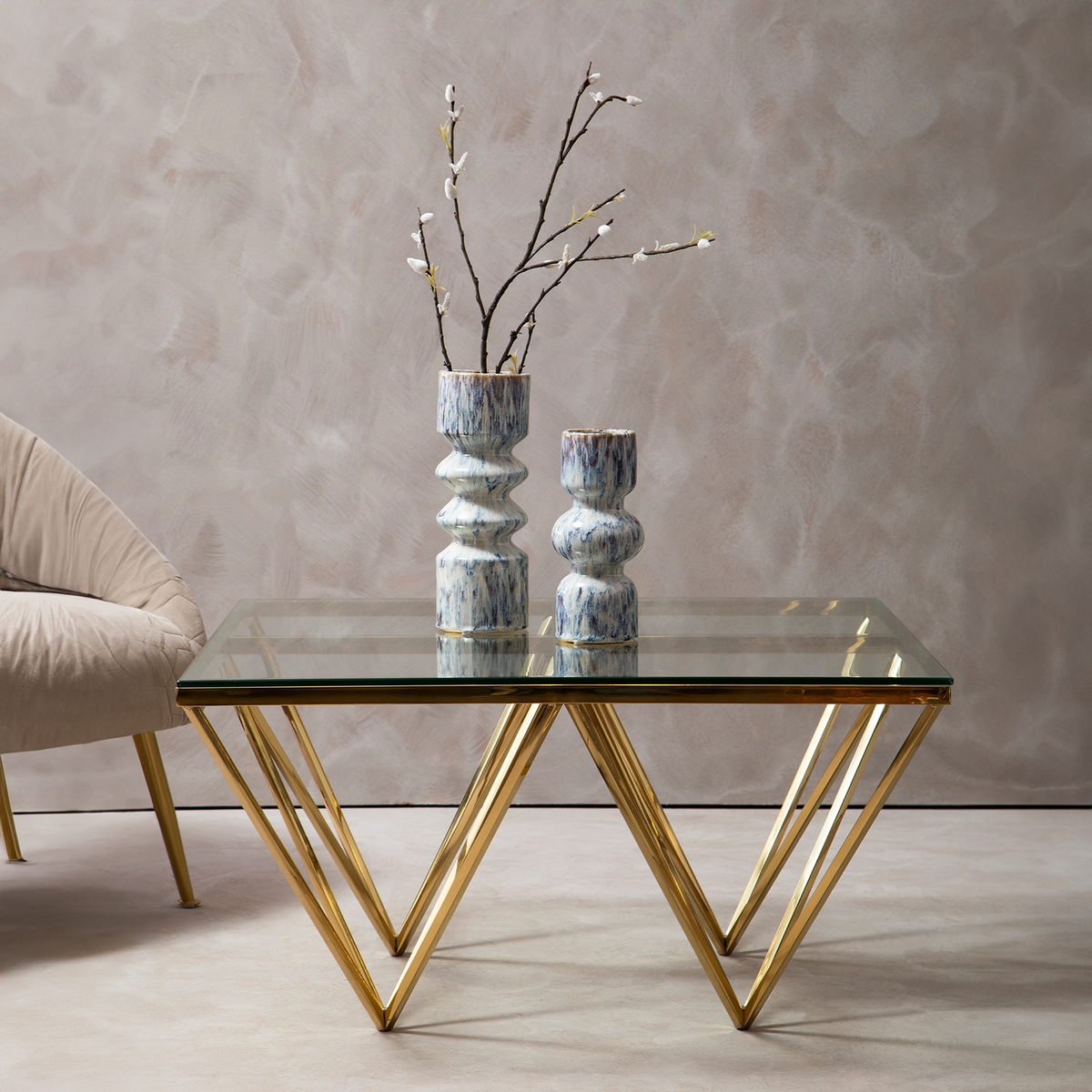 Gold Prismatic Square Coffee Table With Clear Glass Top & Pincer Style Legs, Allure