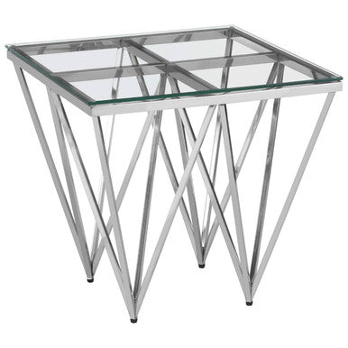 Silver Stainless Steel End Table With Pincer Like Legs & Glass Top, Allure