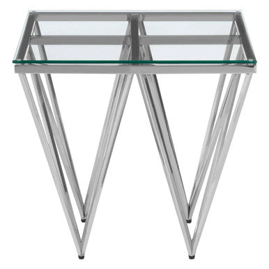 Silver Stainless Steel End Table With Pincer Like Legs & Glass Top, Allure