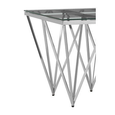 Silver Stainless Steel End Table With Pincer Like Legs & Glass Top, Allure