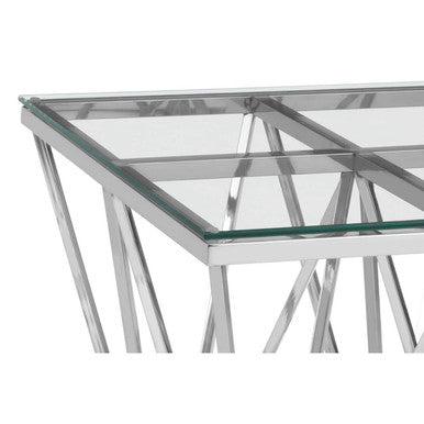 Silver Stainless Steel End Table With Pincer Like Legs & Glass Top, Allure