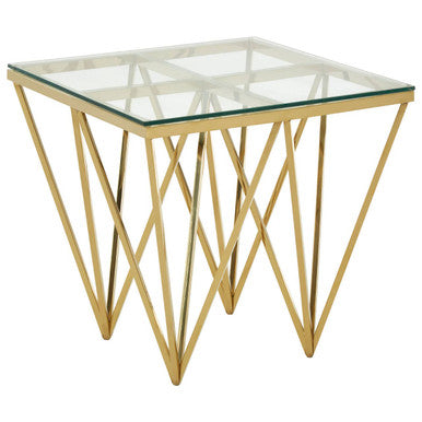 Gold Side Table With Tempered Glass Top & Sculptural Metal Base, Allure