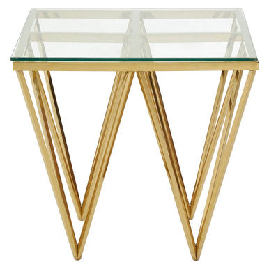 Gold Side Table With Tempered Glass Top & Sculptural Metal Base, Allure
