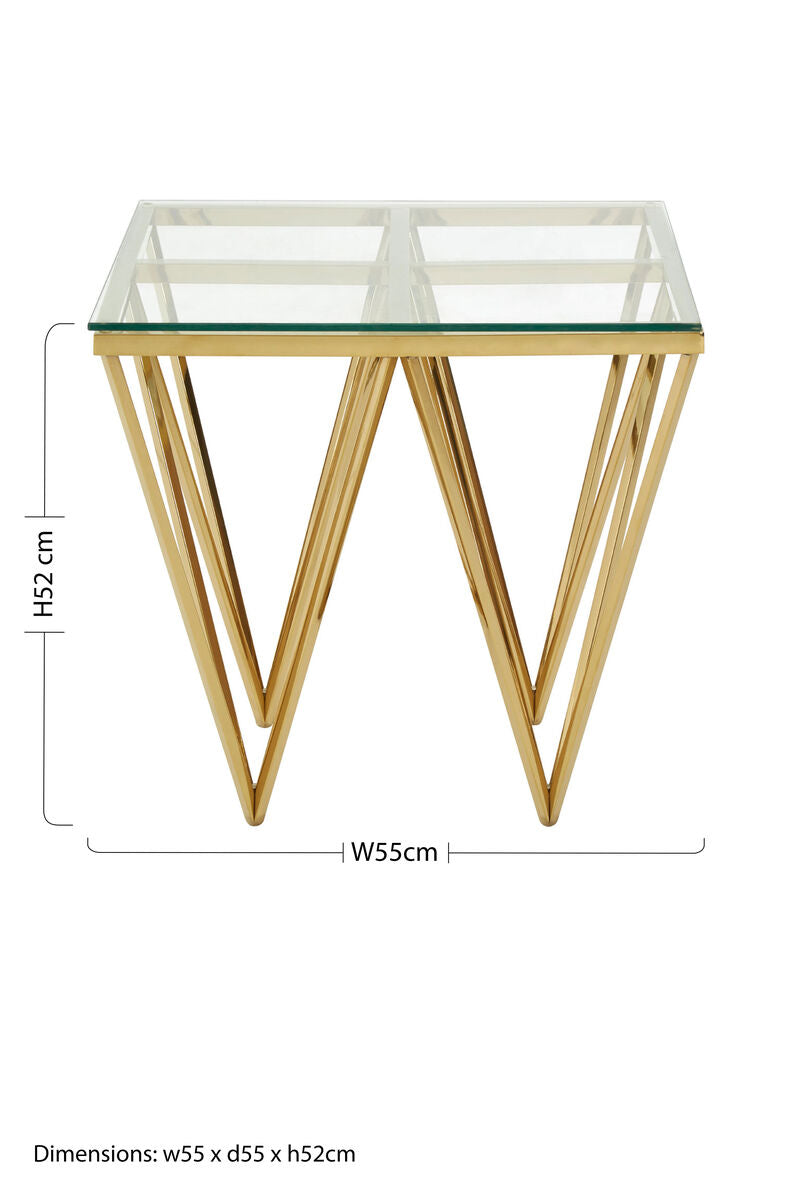 Gold Side Table With Tempered Glass Top & Sculptural Metal Base, Allure