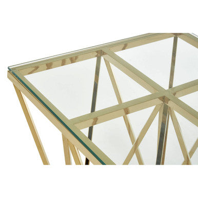 Gold Side Table With Tempered Glass Top & Sculptural Metal Base, Allure