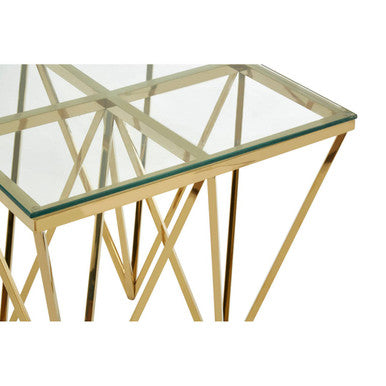 Gold Side Table With Tempered Glass Top & Sculptural Metal Base, Allure