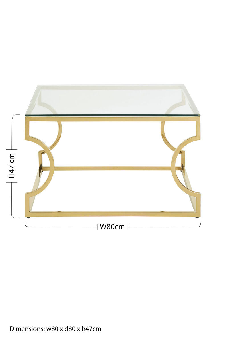 Gold Curved Frame Coffee Table With Clear Tempered Glass Top, Allure